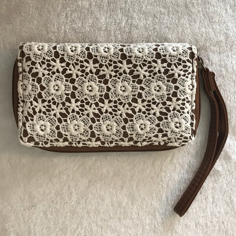 Crochet lace and faux leather wristlet, NWOT